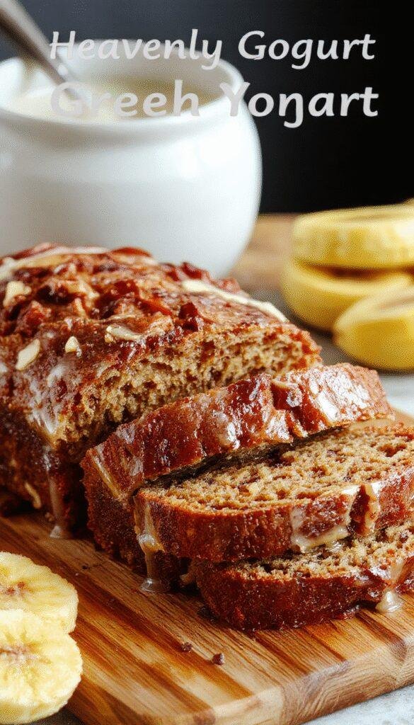A slice of Heavenly Greek Yogurt Banana Bread on a rustic wooden plate, garnished with fresh banana slices and a sprinkle of cinnamon.