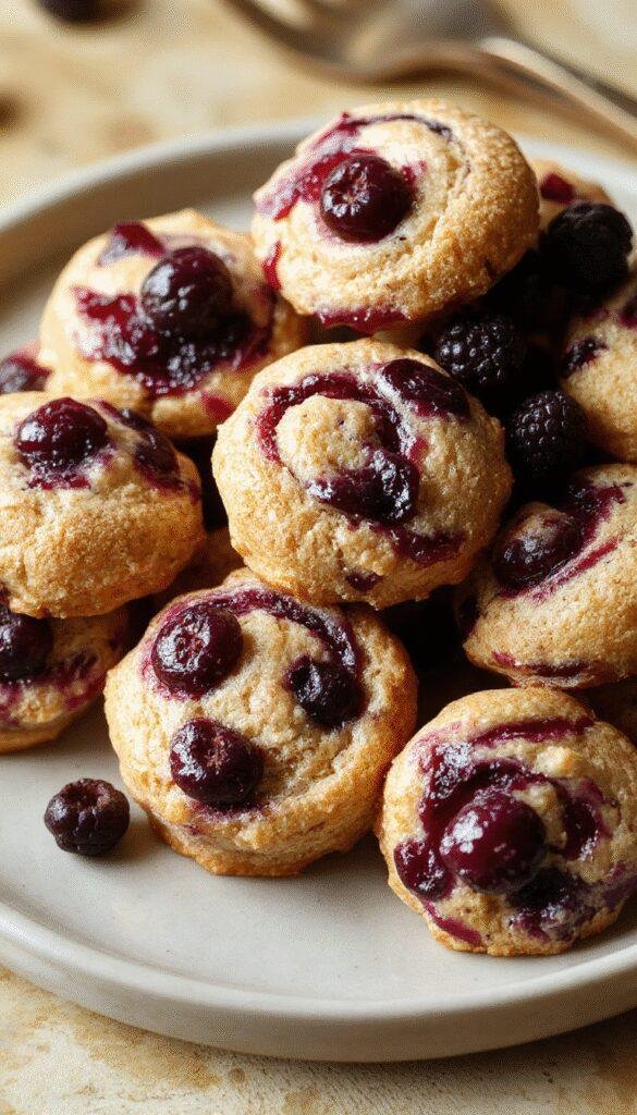 Close-up of vibrant blueberry bites with swirled blue frosting on a white platter, garnished with fresh blueberries and mint leaves.
