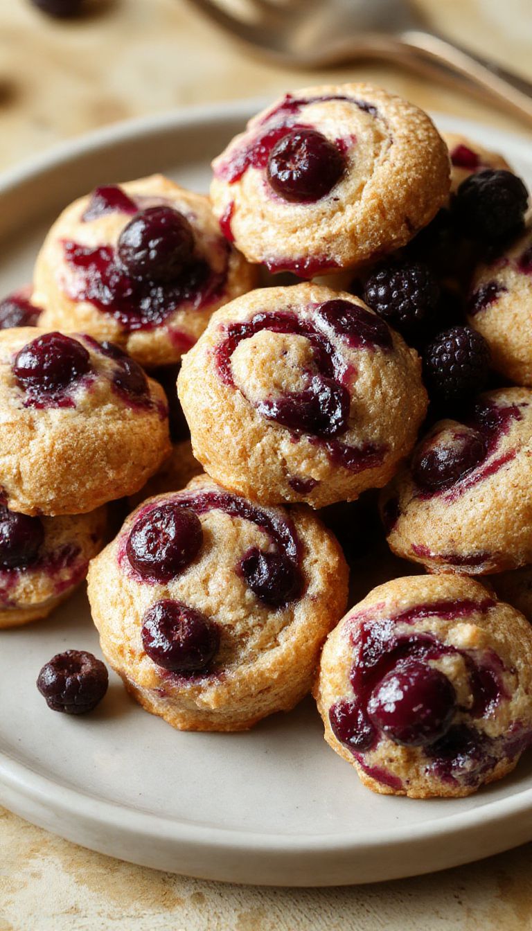 Close-up of vibrant blueberry bites with swirled blue frosting on a white platter, garnished with fresh blueberries and mint leaves.