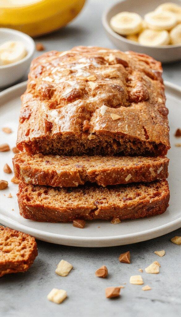 A slice of homemade banana bread on a rustic wooden plate, topped with a few banana slices and a sprinkle of cinnamon, with a steaming cup of coffee in the background.