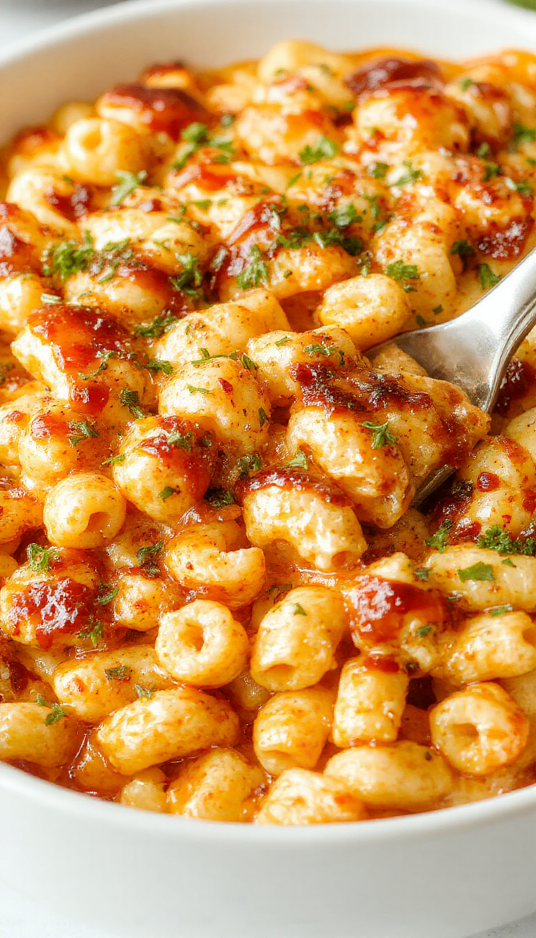 A creamy bowl of Honey BBQ Chicken Mac & Cheese topped with shredded cheese and chopped green onions, served on a rustic wooden table.