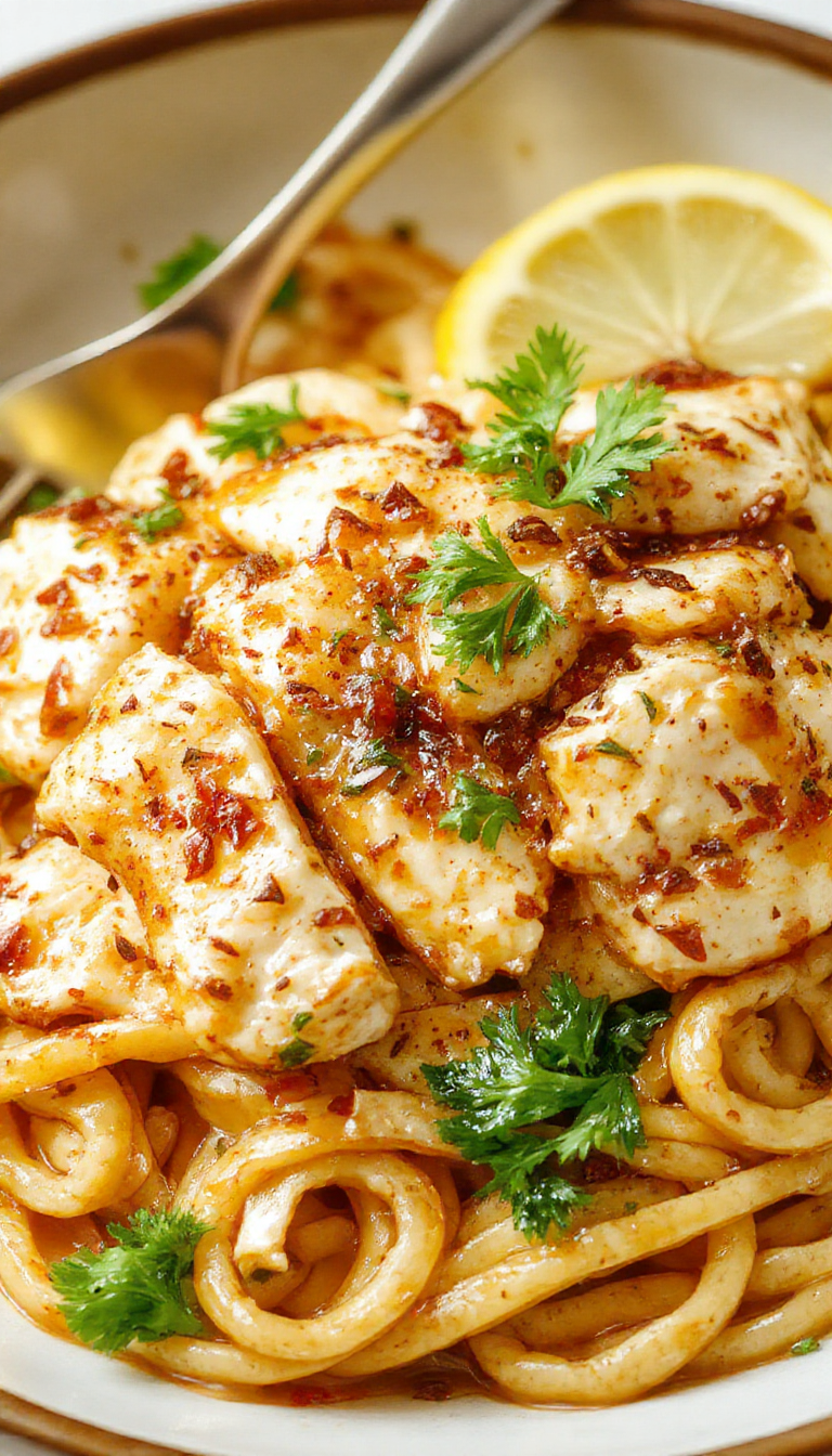 A delicious plate of Honey Pepper Chicken Pasta garnished with fresh herbs, showcasing tender chicken pieces coated in a glossy honey pepper sauce alongside pasta.