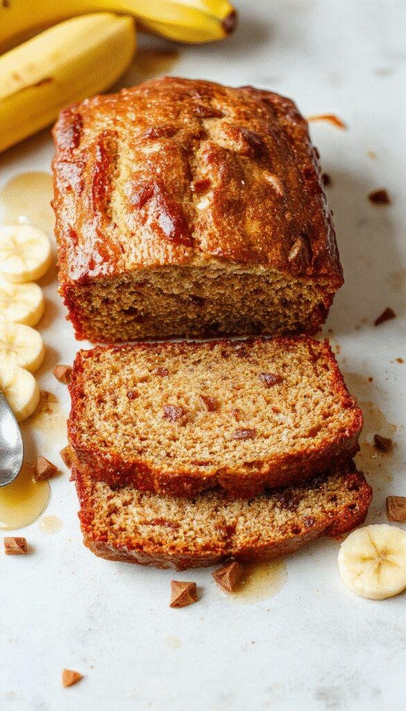 A freshly baked loaf of honey vanilla banana bread sliced to reveal its fluffy, moist interior, garnished with banana slices and a drizzle of honey.