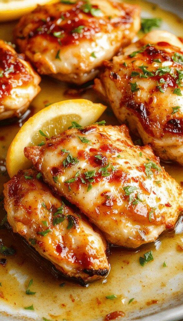 A plate of Hot Honey Feta Chicken garnished with fresh herbs, featuring crispy chicken pieces glazed with golden honey and red pepper flakes.