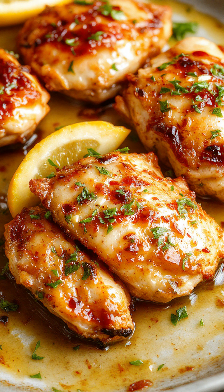 A plate of Hot Honey Feta Chicken garnished with fresh herbs, featuring crispy chicken pieces glazed with golden honey and red pepper flakes.
