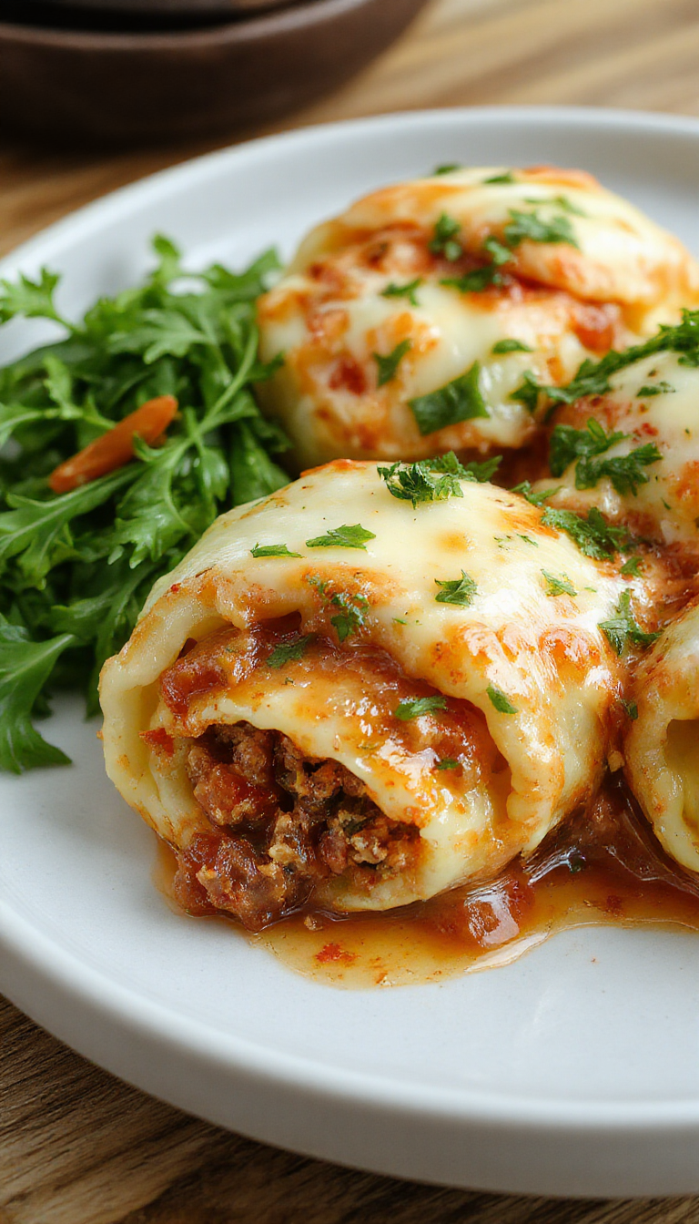 A plate of creamy beef and ricotta stuffed pasta shells topped with melted cheese and fresh herbs, served on a rustic wooden table.
