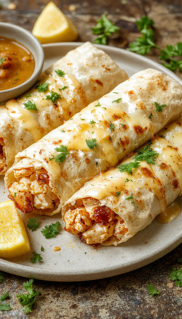 Close-up of cheesy garlic chicken wraps filled with melted cheese, fresh herbs, and crispy tortilla outside.