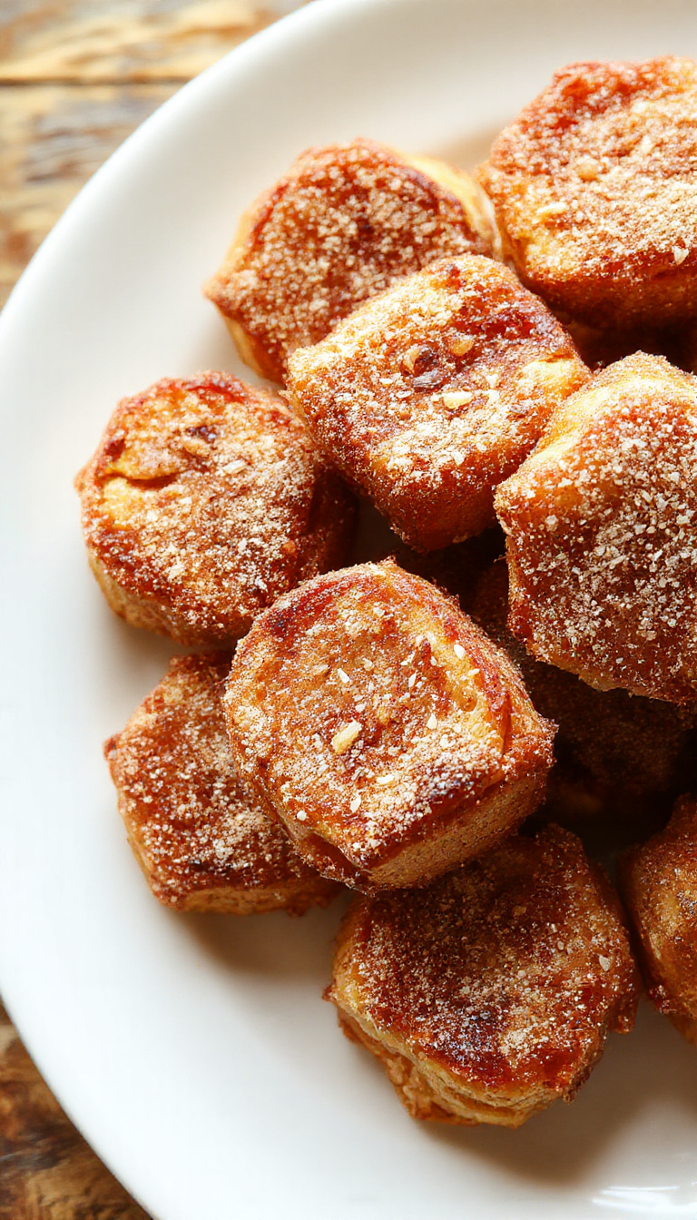 A plate of golden cinnamon sugar French toast bites topped with a drizzle of syrup and a dusting of powdered sugar, served alongside fresh berries.