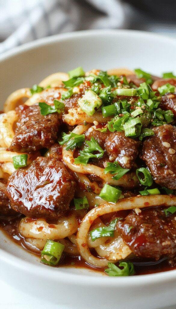 A steaming bowl of glazed beef noodles topped with fresh herbs and vegetables, showcasing glossy, tender beef slices and colorful noodles.