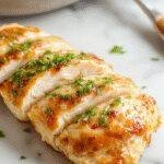 Colorful plated chicken breast dish featuring golden-brown, juicy chicken breasts garnished with fresh herbs on a stylish white plate, with a side of vibrant vegetables and a drizzle of sauce, styled elegantly with natural lighting highlighting the textures and colors.