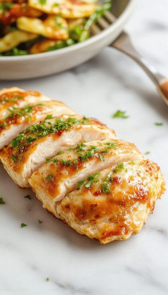 Colorful plated chicken breast dish featuring golden-brown, juicy chicken breasts garnished with fresh herbs on a stylish white plate, with a side of vibrant vegetables and a drizzle of sauce, styled elegantly with natural lighting highlighting the textures and colors.