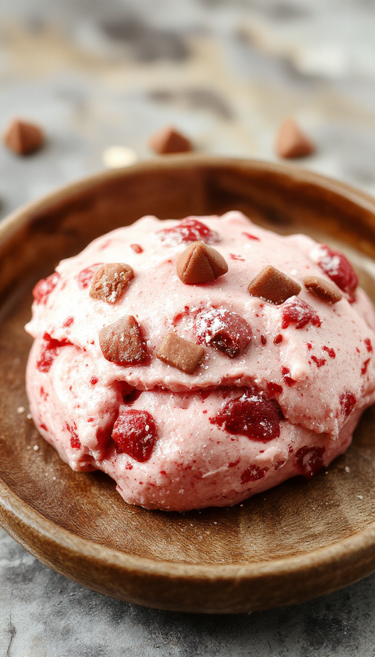 A close-up of creamy red velvet no-bake cookie dough sprinkled with chocolate chips, arranged on a rustic wooden surface