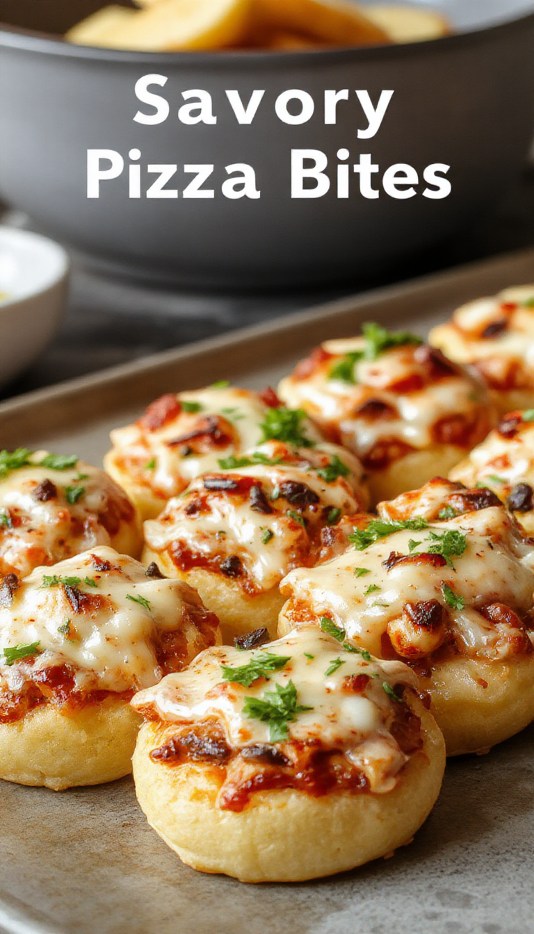 Close-up of golden savory pizza bites topped with melted cheese and fresh herbs on a rustic plate.