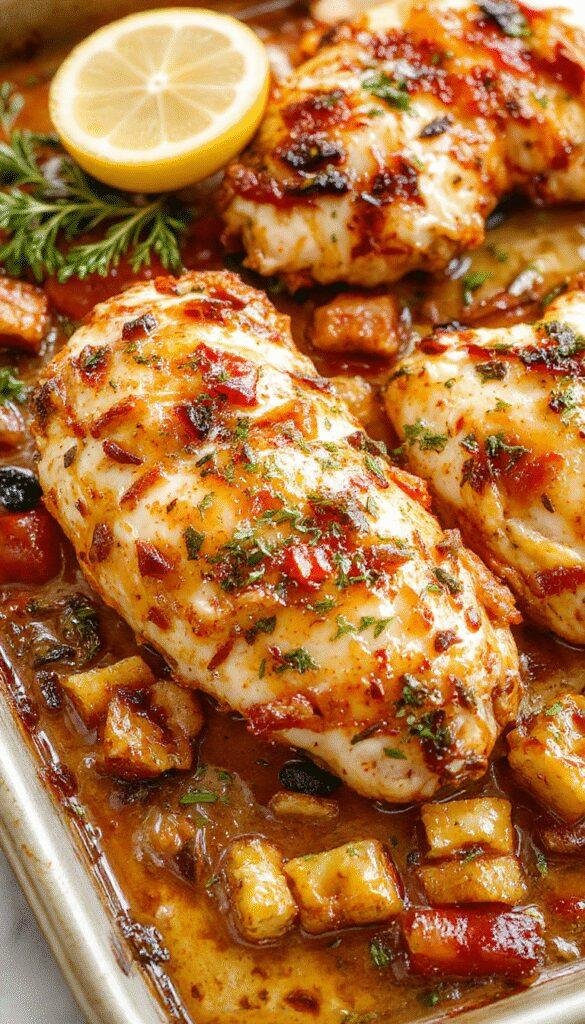 Colorful sheet pan with baked chicken, pineapple chunks, bell peppers, and a sprinkle of herbs, styled on a rustic wooden table.