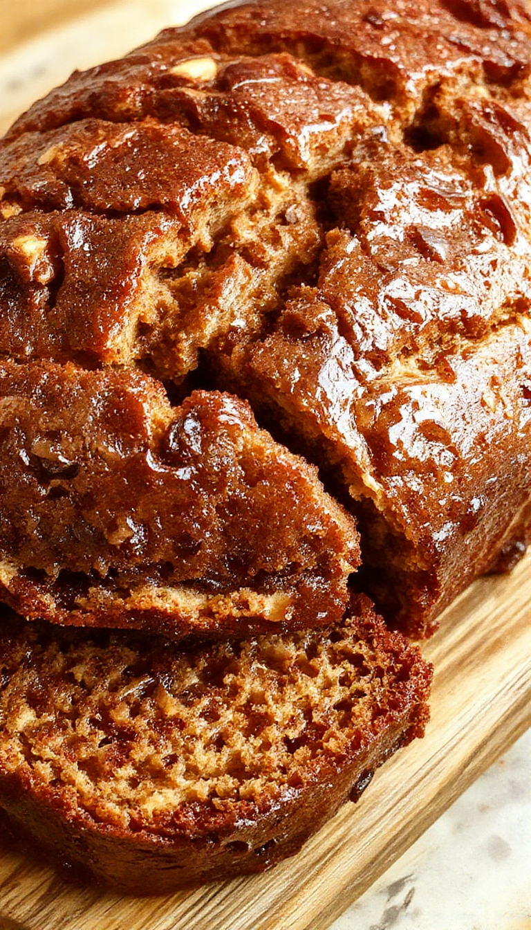 A freshly baked, golden banana bread loaf with a moist, tender crumb, topped with sliced bananas and a drizzle of honey on a rustic wooden table.