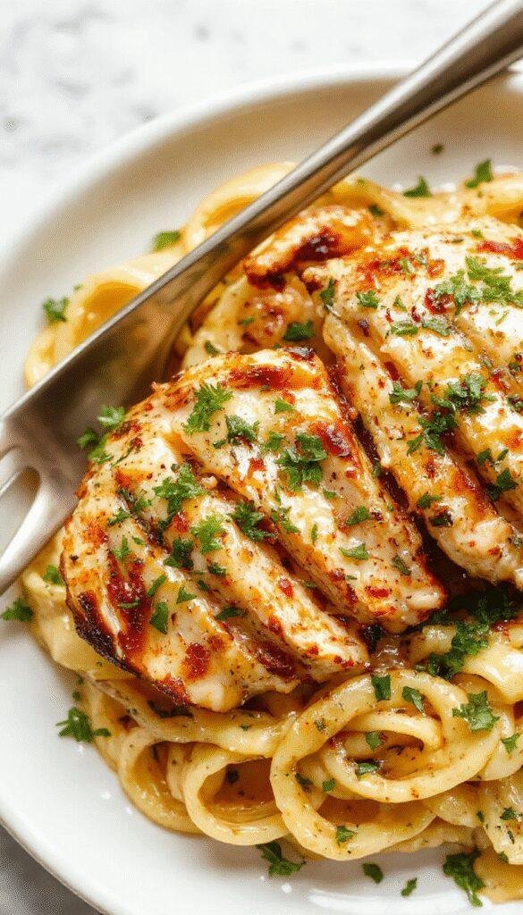A plate of Lean & Luscious Grilled Chicken Alfredo featuring grilled chicken slices over creamy Alfredo pasta garnished with herbs.