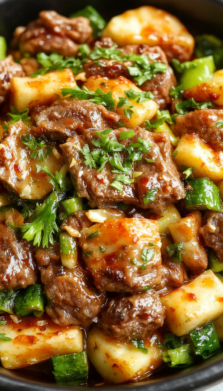 A colorful stir-fry with tender beef strips, vibrant bell peppers, broccoli, and carrots sizzling in a wok with steam rising, perfect for a quick weeknight dinner.