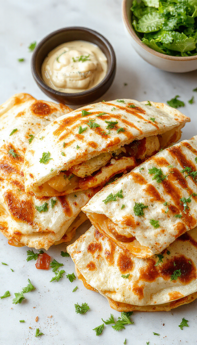 Golden chicken bacon ranch quesadillas sliced open to reveal melty cheese, crispy bacon, and tender chicken with a hint of ranch dressing.