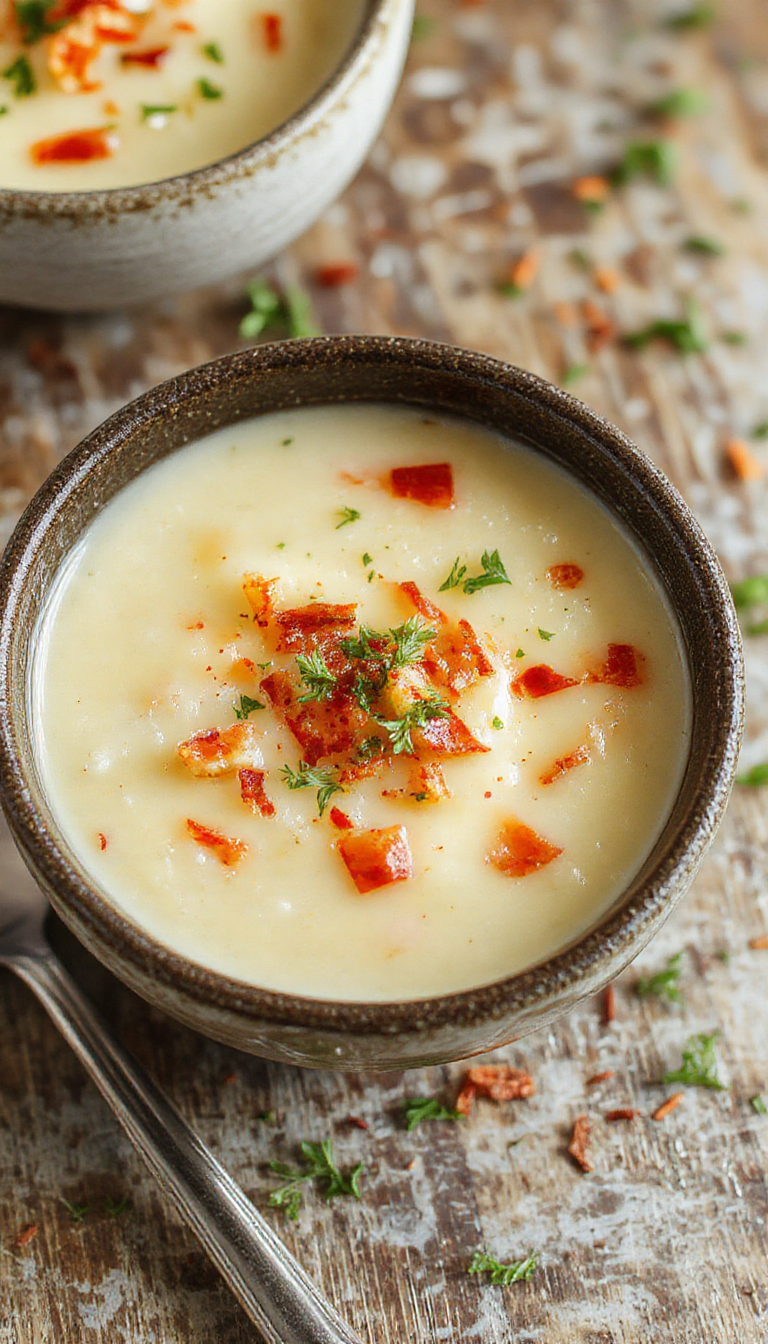 A steaming bowl of loaded baked potato soup topped with shredded cheese, crispy bacon bits, chopped green onions, and sour cream, served in a rustic bowl.