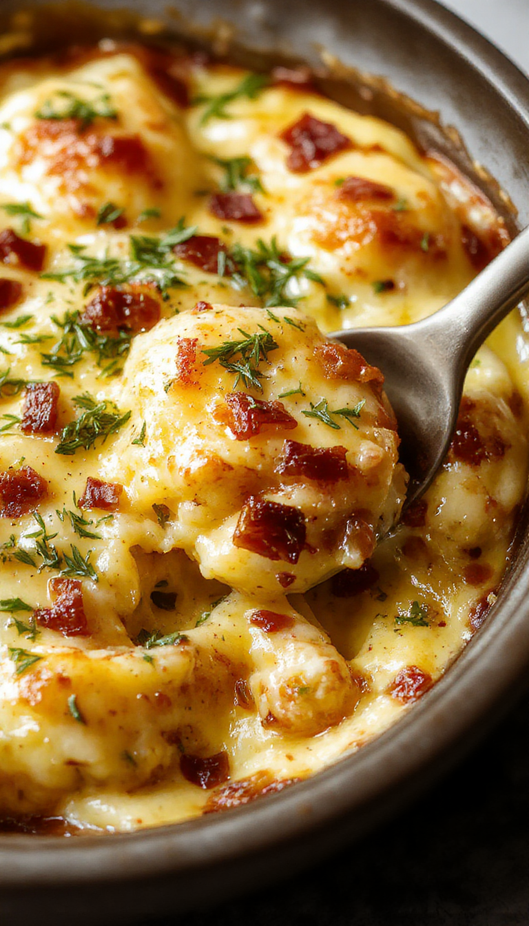 A delicious low-carb cheesy bacon casserole topped with melted cheese and crispy bacon pieces, served in a baking dish.