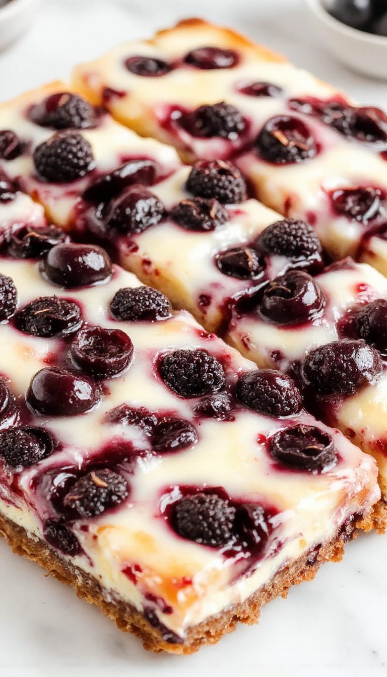 A close-up of luscious blueberry cheesecake bars with a golden crust, topped with fresh blueberries and a drizzle of glaze, on a rustic wooden table.
