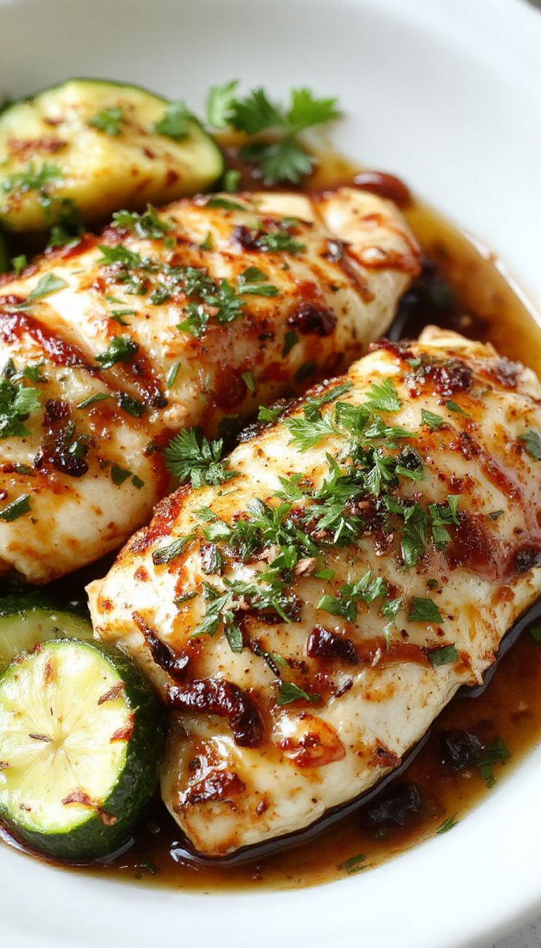 A vibrant dish of Mediterranean one-pan chicken and zucchini, garnished with herbs on a rustic plate, showcasing a healthy and colorful meal.