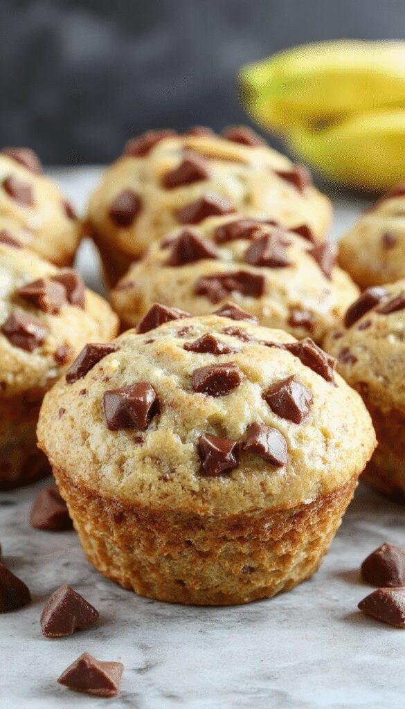 Golden banana chocolate chip muffins fresh out of the oven with melty chocolate and slices of ripe banana on top.
