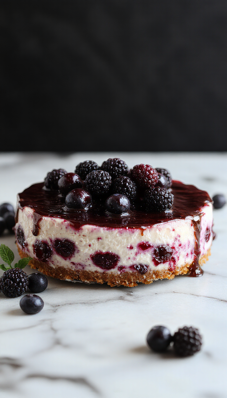 A stunning midnight blue blueberry cheesecake on a decorative plate, topped with fresh blueberries and a drizzle of glaze, set against a dark elegant background.