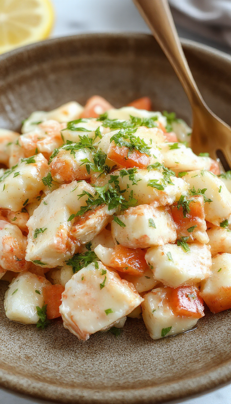 A vibrant oceanic crab salad served in a glass bowl with fresh greens and lemon wedges, garnished with herbs.