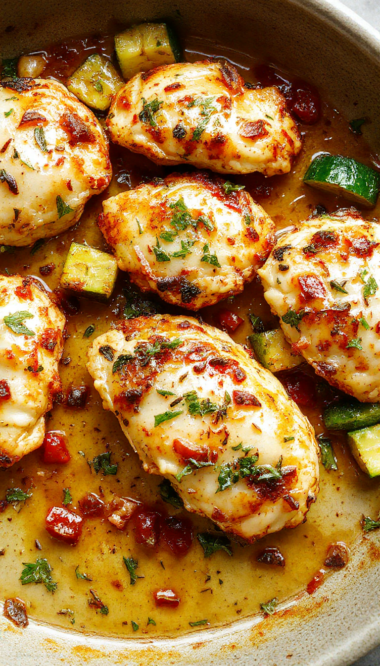 A colorful skillet with golden baked Mediterranean chicken, vibrant zucchini slices, cherry tomatoes, and fresh herbs garnished on top.