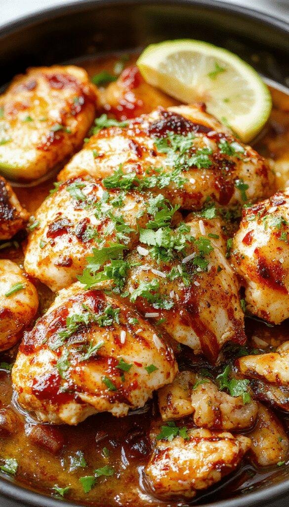 Colorful sizzling chicken fajitas with sliced peppers and onions on a hot skillet, garnished with fresh herbs and lime wedges.