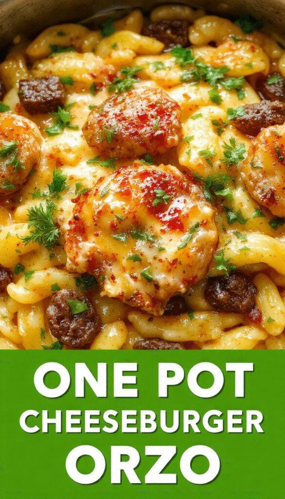 A steaming skillet of One-Pot Cheesy Cheeseburger Orzo with melted cheese, seasoned ground beef, and garnished with fresh herbs