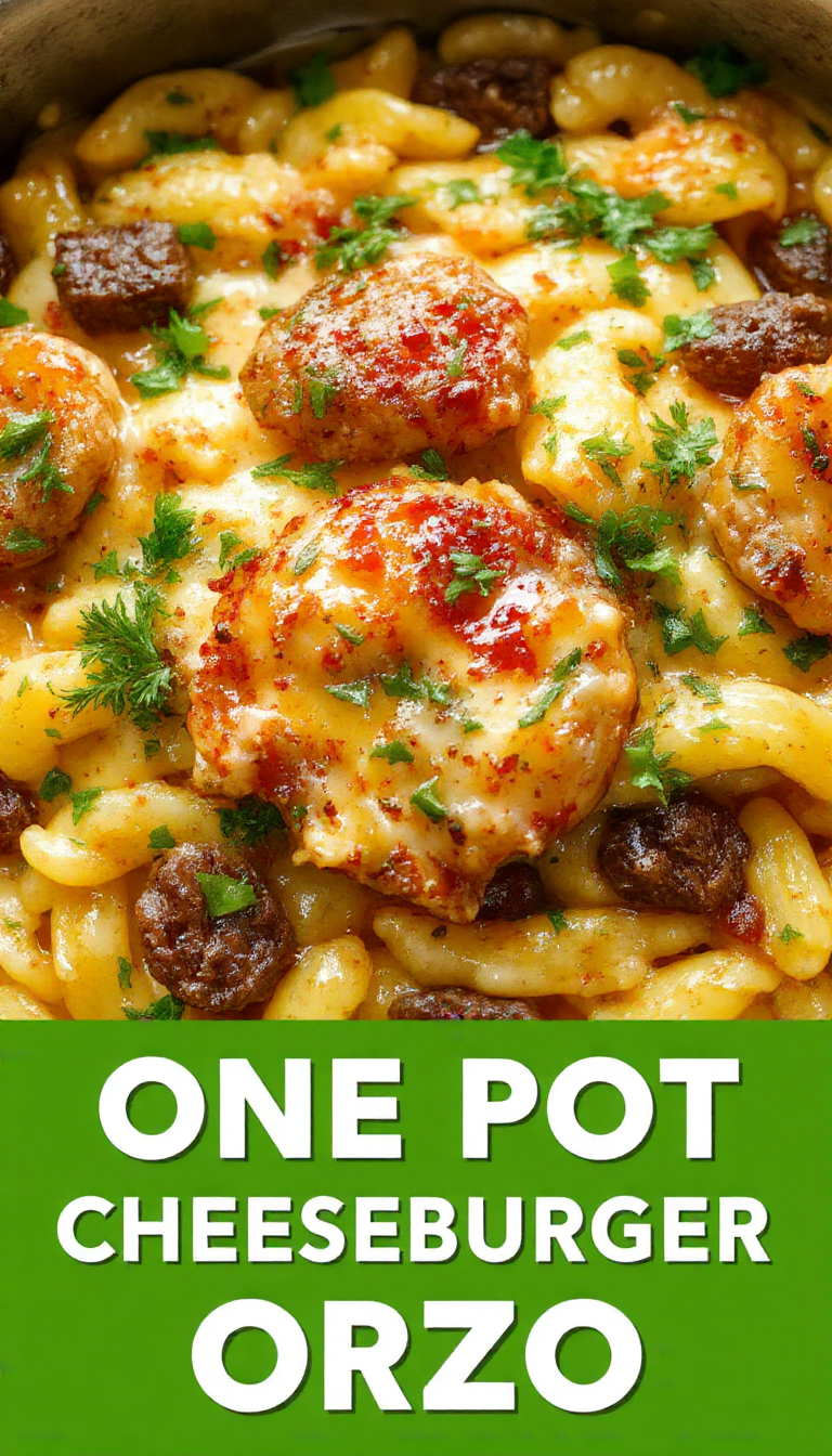 A steaming skillet of One-Pot Cheesy Cheeseburger Orzo with melted cheese, seasoned ground beef, and garnished with fresh herbs