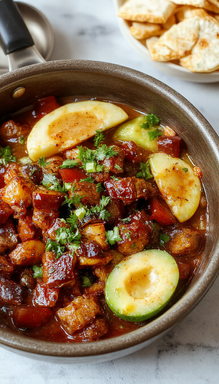 Colorful one-pot fajita dish with sizzling bell peppers, onions, and seasoned chicken served in a skillet