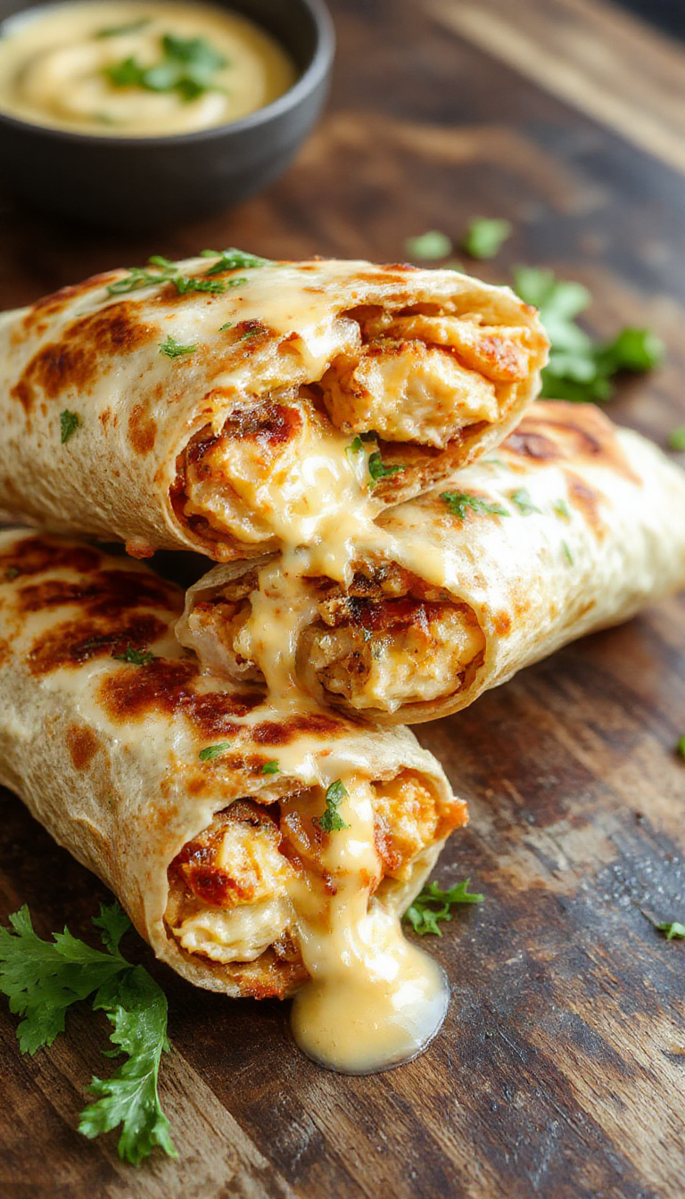 Close-up of Ooey-Gooey Cheesy Garlic Chicken Wraps showing melted cheese, crispy wrap edges, and savory garlic chicken filling