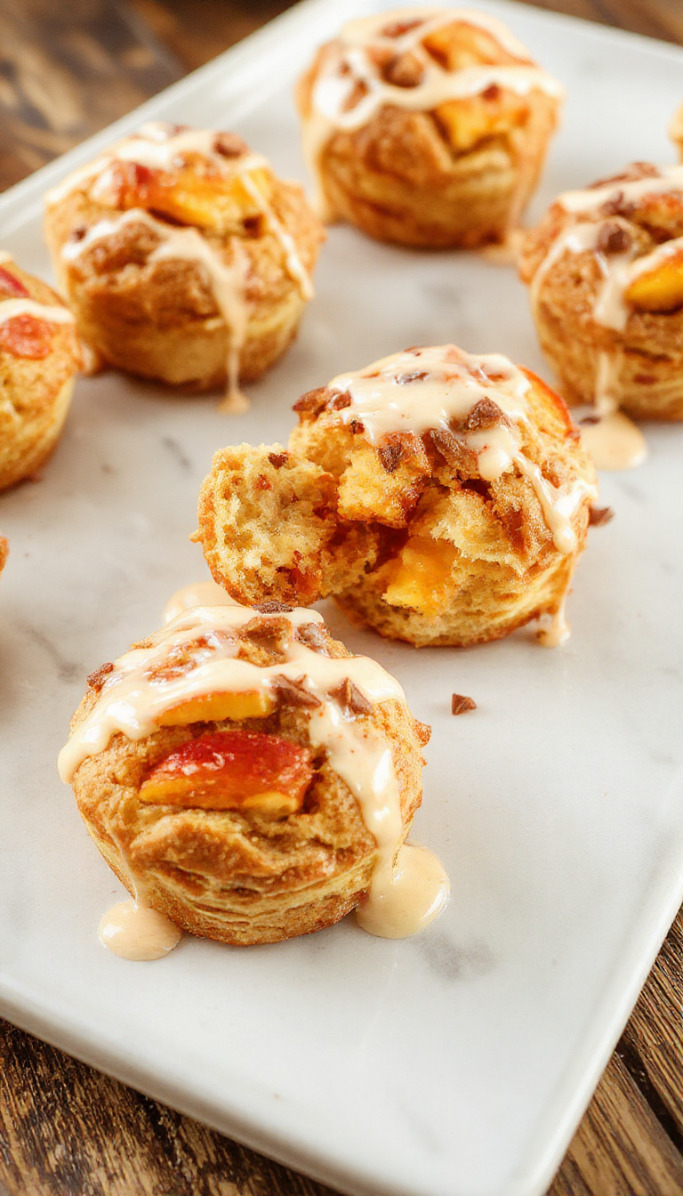 Golden peach pie cruffins with flaky crust and juicy peach filling, topped with a dusting of powdered sugar.