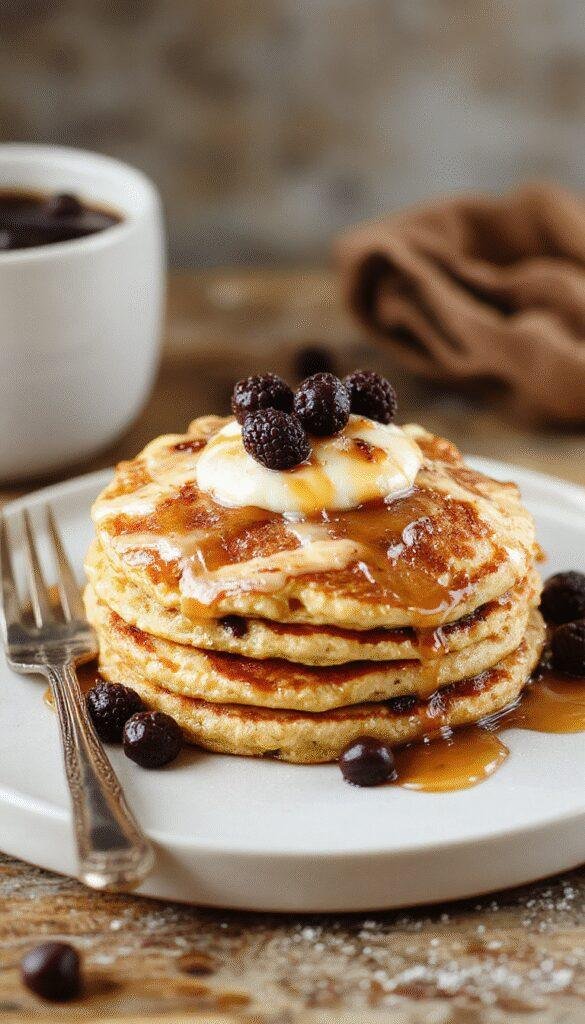 A stack of fluffy Pillowy Paradise Pancakes topped with fresh berries and drizzled with syrup, set on a rustic wooden table.