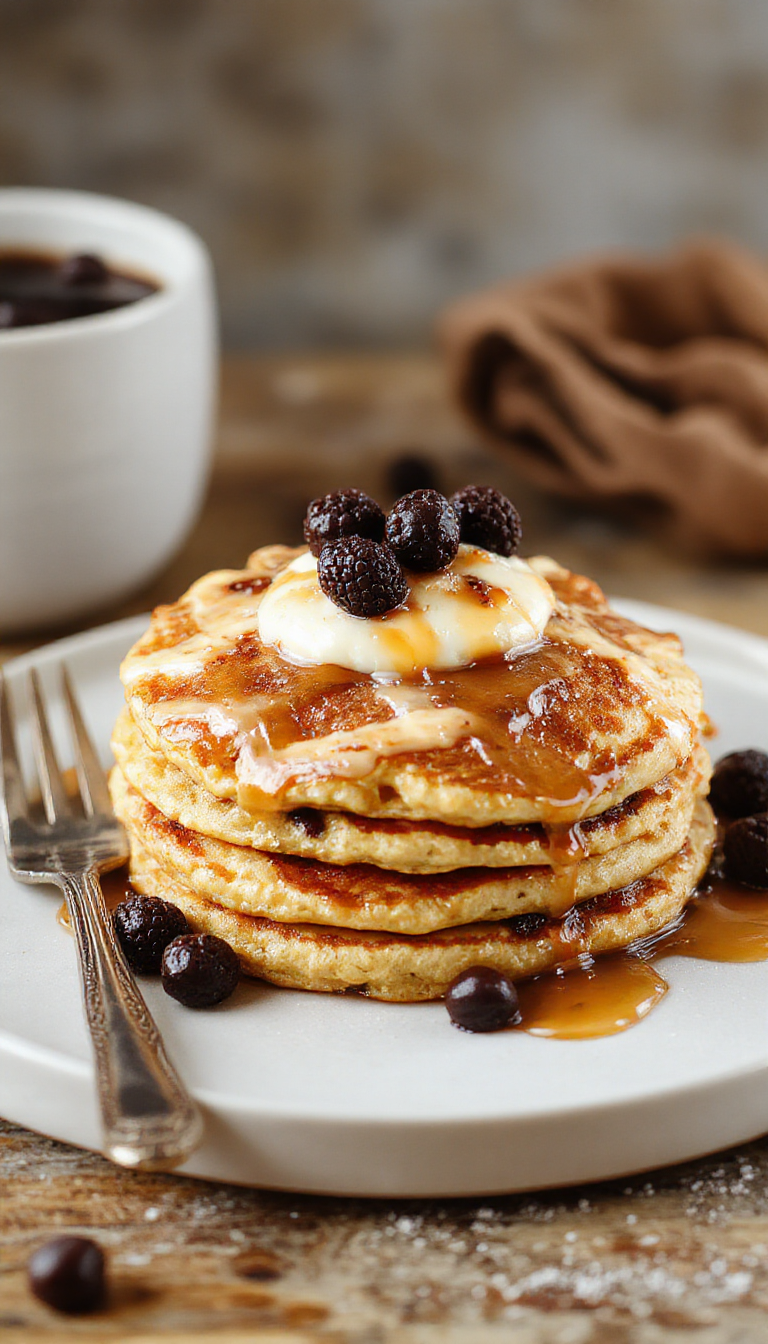 A stack of fluffy Pillowy Paradise Pancakes topped with fresh berries and drizzled with syrup, set on a rustic wooden table.