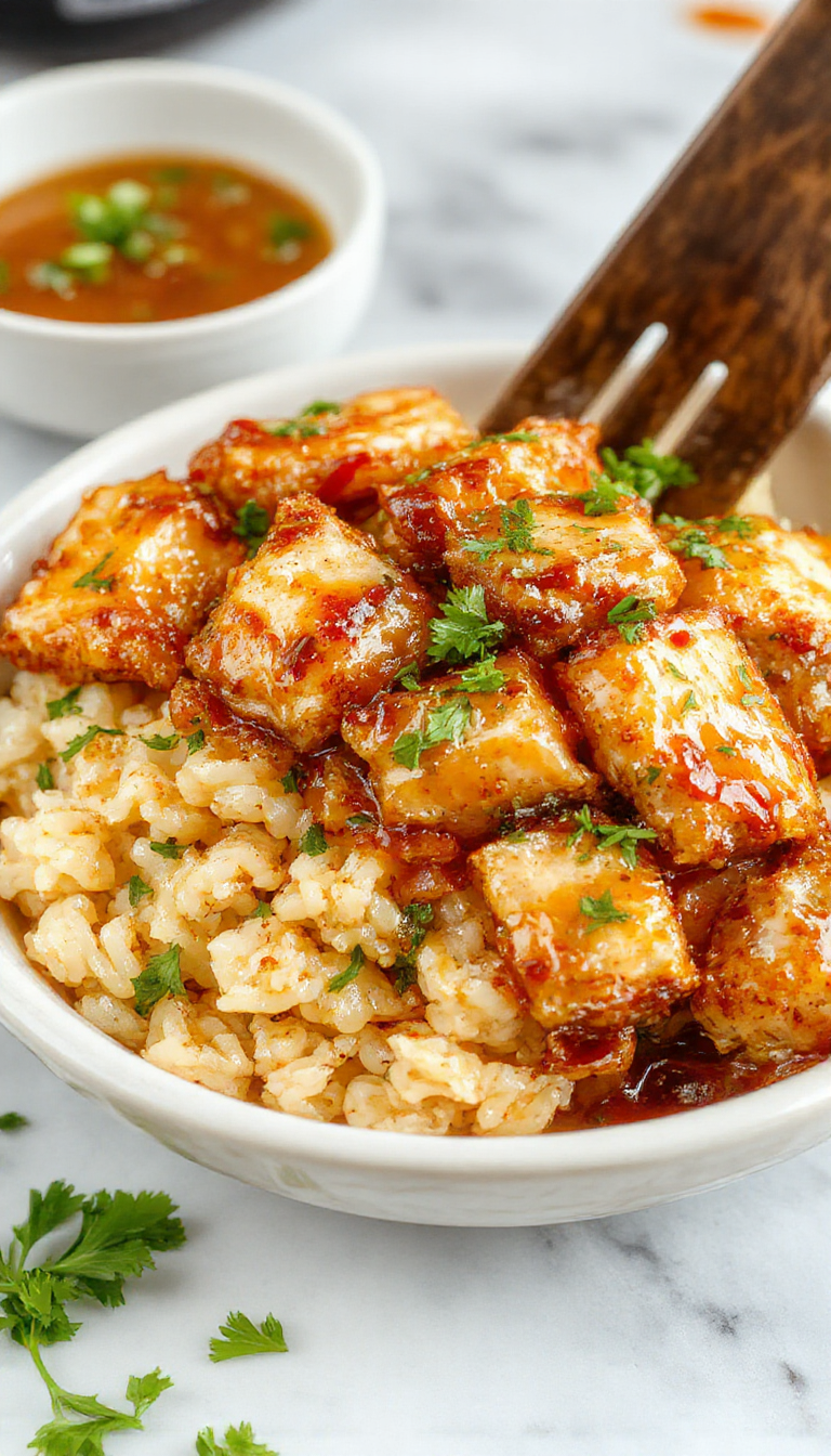 A plate of crispy honey mustard chicken served alongside fluffy rice, garnished with fresh herbs on a vibrant table.
