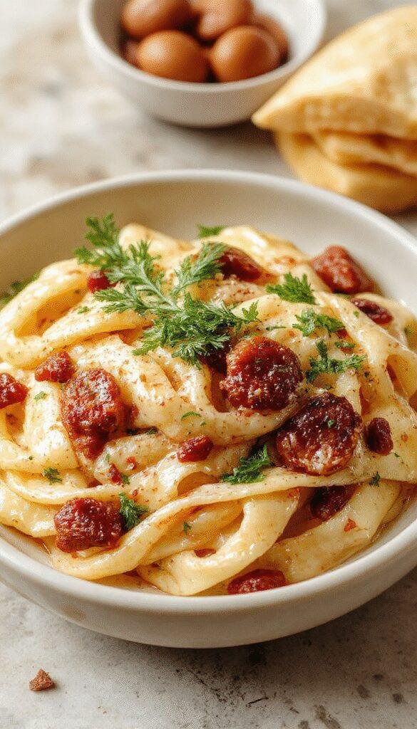 A bowl of colorful protein pasta topped with fresh herbs and vegetables, showcasing a healthy and appetizing meal.