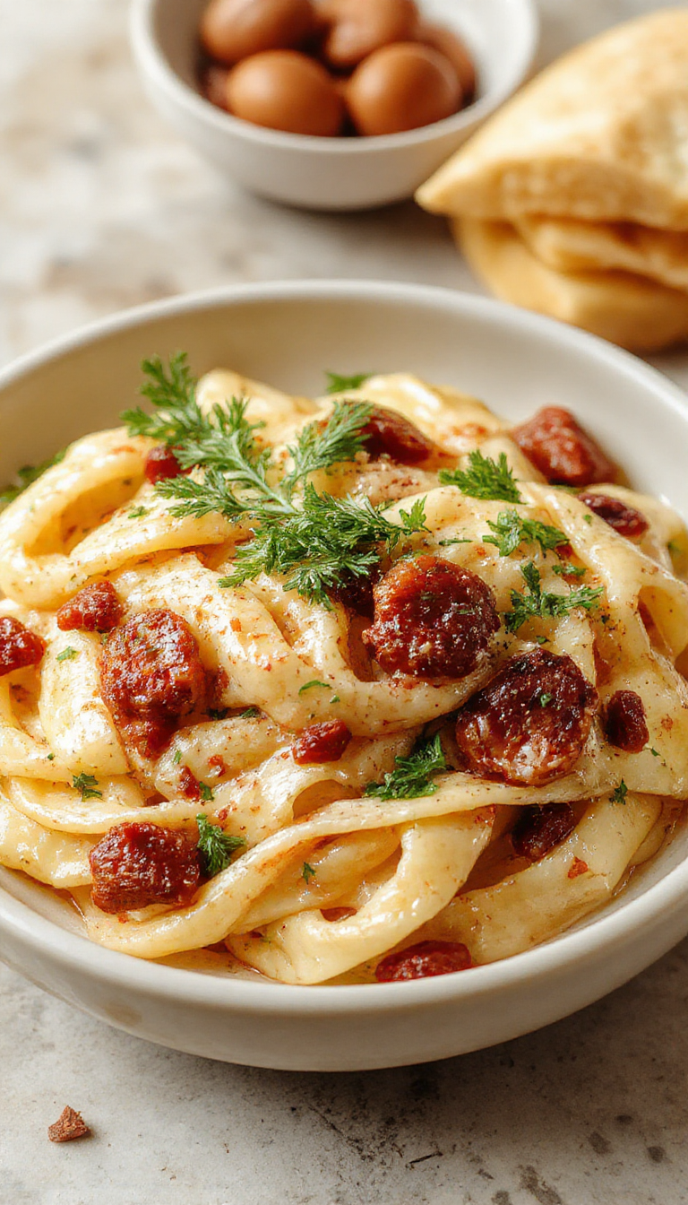 A bowl of colorful protein pasta topped with fresh herbs and vegetables, showcasing a healthy and appetizing meal.