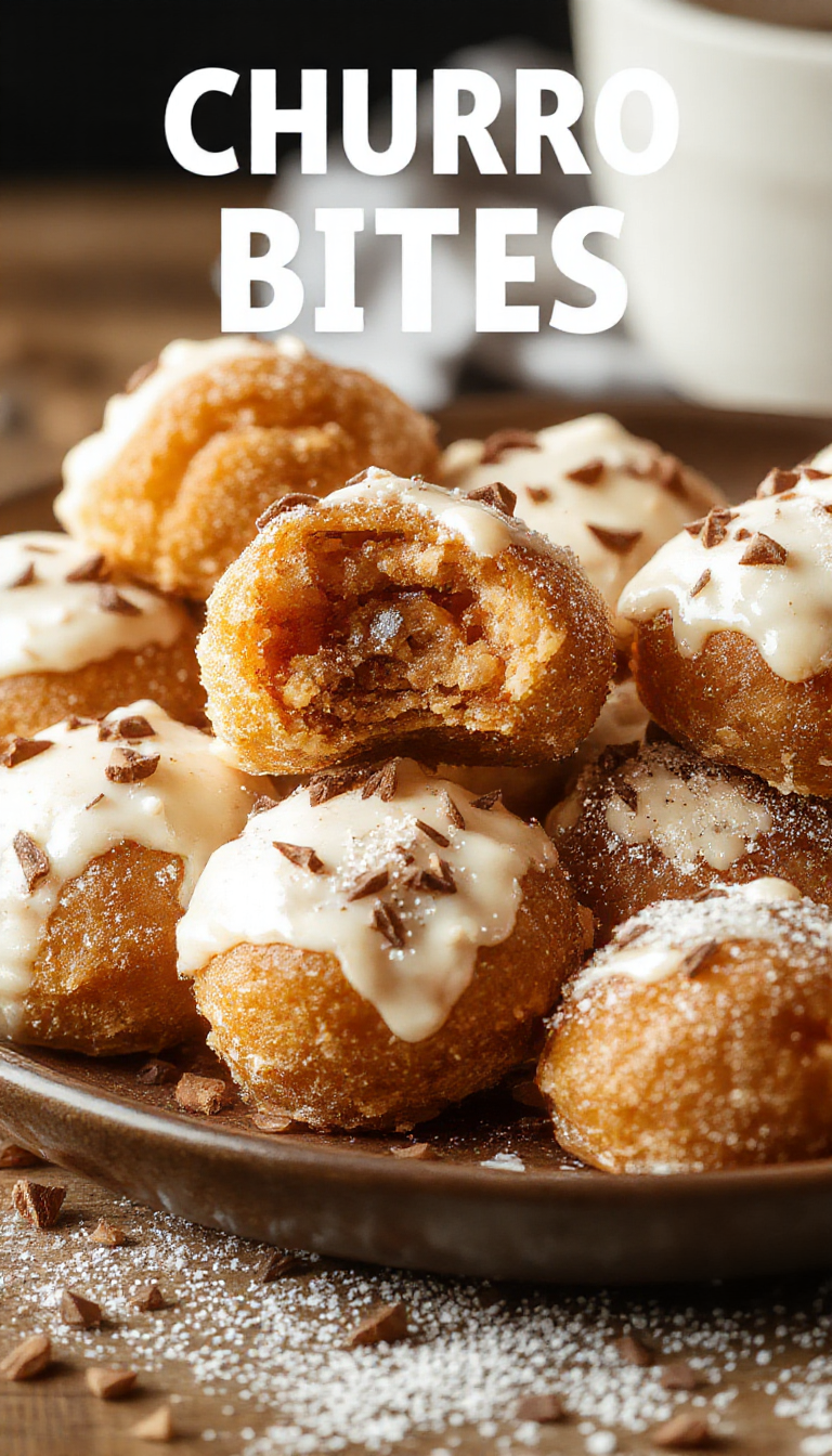 Golden baked churro bites coated in cinnamon sugar served on a white plate.
