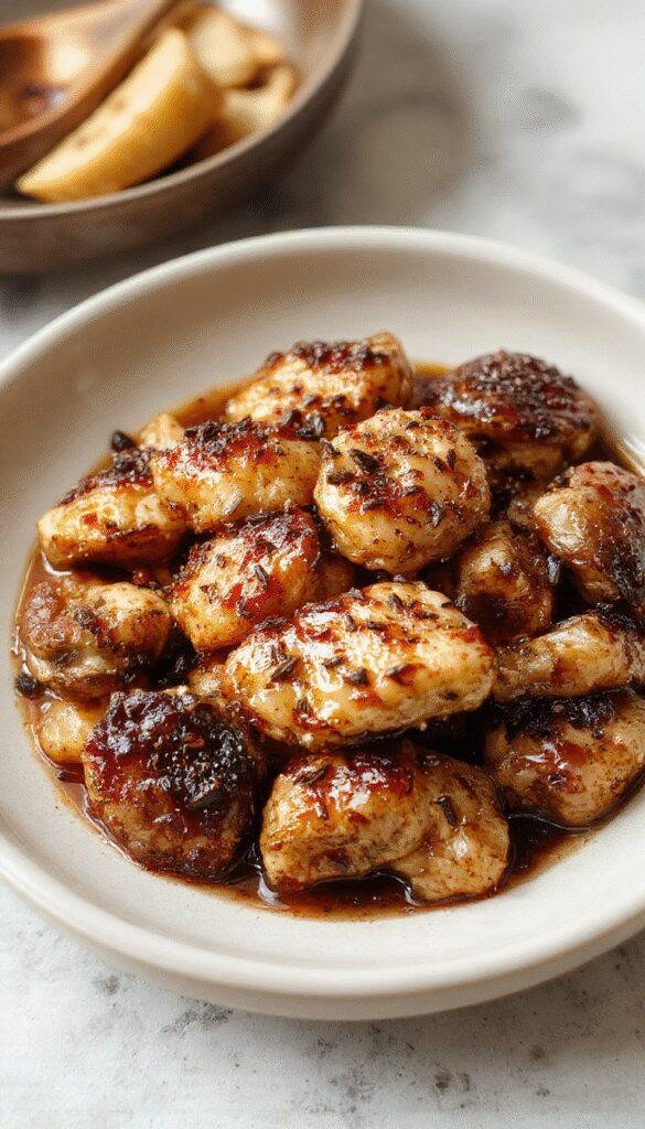 A sizzling hot plate of Black Pepper Chicken with Mushrooms garnished with fresh herbs, steam rising from the dish.