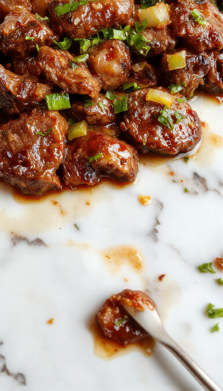 A vibrant plate of sizzling Chinese pepper steak with caramelized onions, garnished with fresh green scallions and red chili flakes, served on a glossy black slate plate with chopsticks on the side.