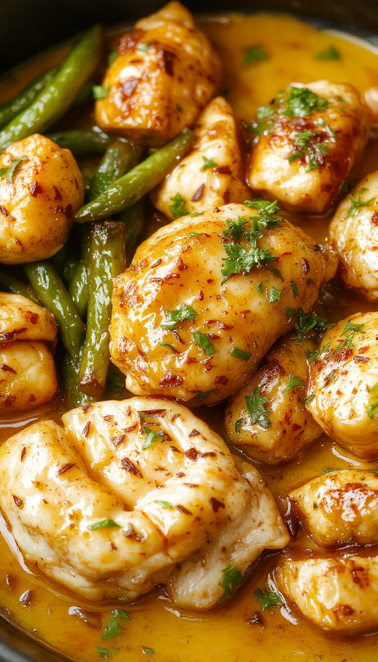 A sizzling skillet of butter chicken garnished with fresh herbs and served with naan bread on the side.