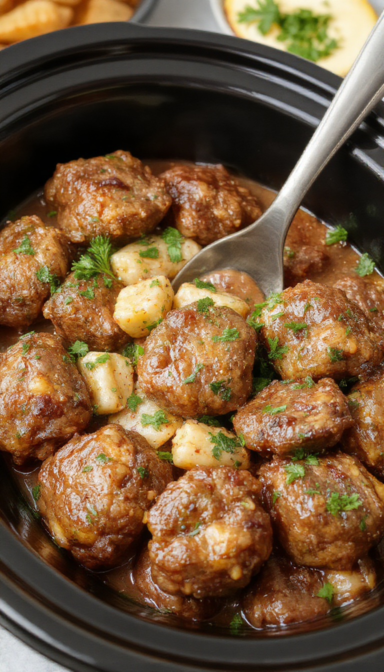Delicious slow cooker beef bites garnished with herbs served on a rustic plate, highlighting tender, juicy meat ready for dinner.