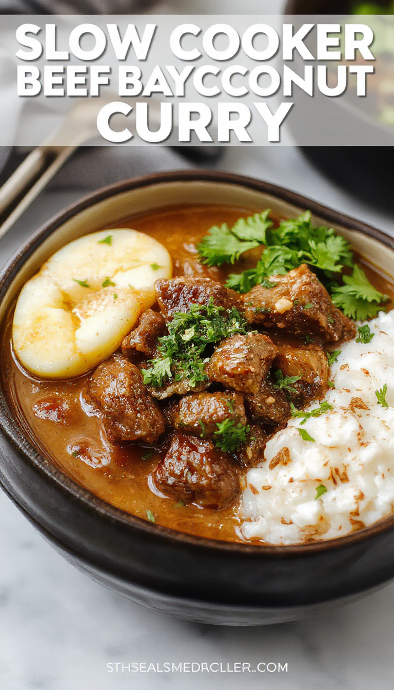 A steaming bowl of slow cooker beef coconut curry garnished with fresh herbs, served with rice on a rustic wooden table.