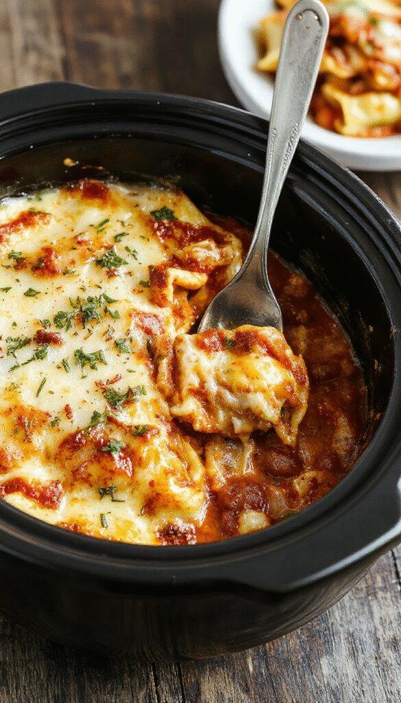 A hearty serving of Slow Cooker Cheesy Ravioli Lasagna in a baking dish garnished with fresh herbs, showcasing layers of cheese, ravioli, and sauce.