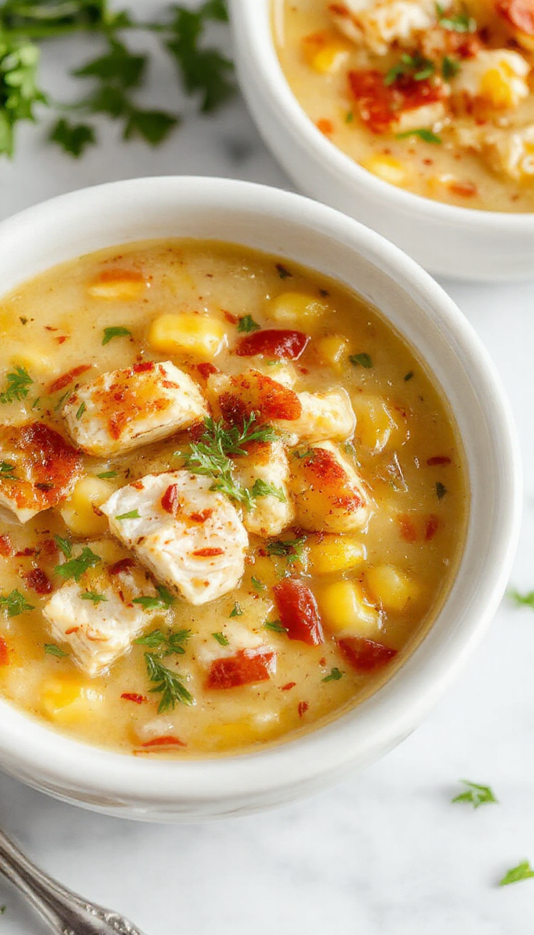 A steaming bowl of slow cooker chicken and corn chowder topped with fresh herbs, showcasing creamy broth, chunks of chicken, sweet corn, and vegetables.