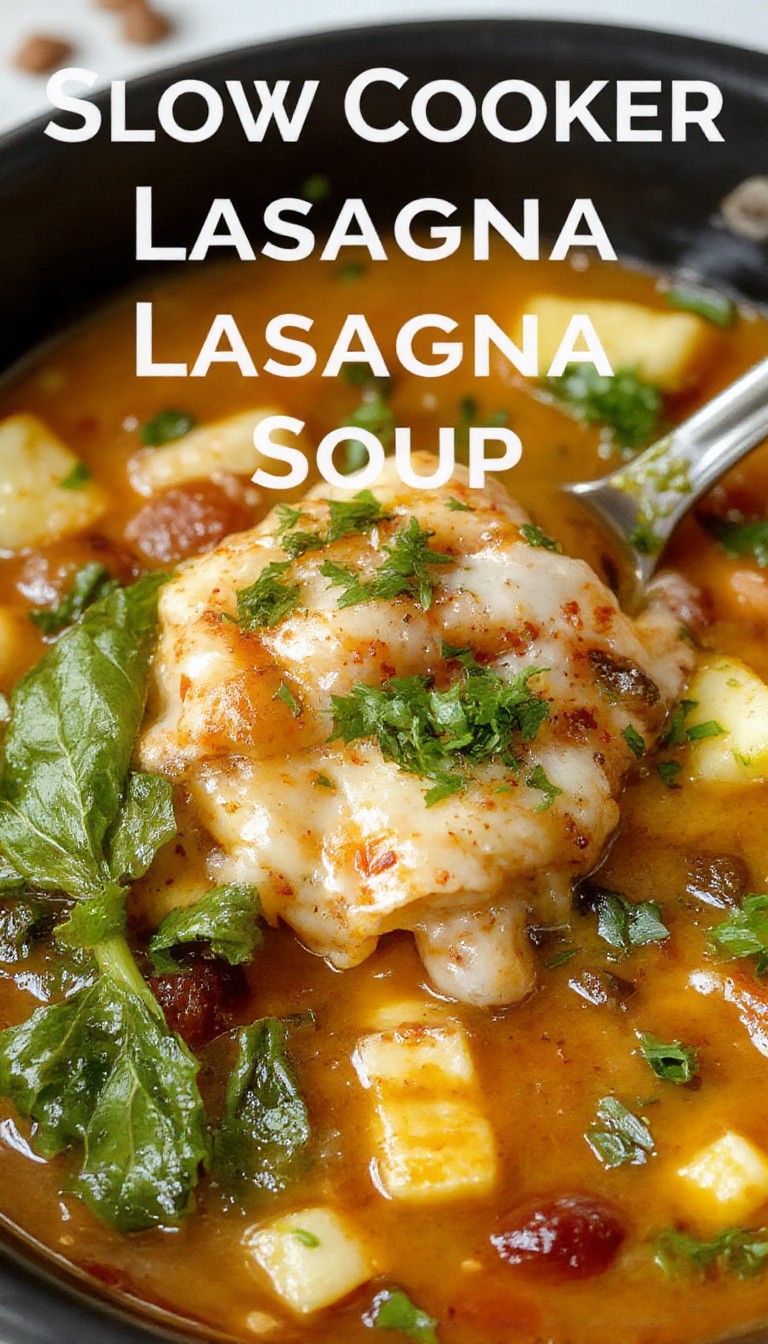 A steaming bowl of Slow Cooker Lasagna Soup garnished with fresh basil and grated cheese, showcasing layers of hearty ingredients in a cozy setting.